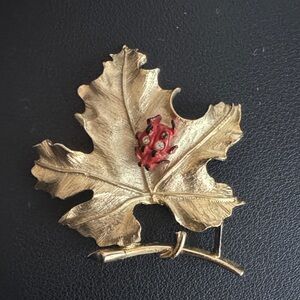 Vintage Sarah Coventry “Bit O’Fantasy” Gold Leaf Brooch with Red Ladybug Accent